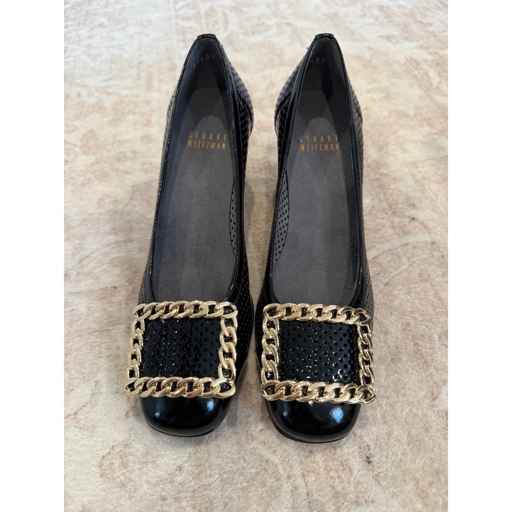 Stuart Weitzman Black Perforated Patent Leather Chain Buckle Block Heel Pump, 5 - Picture 5 of 6